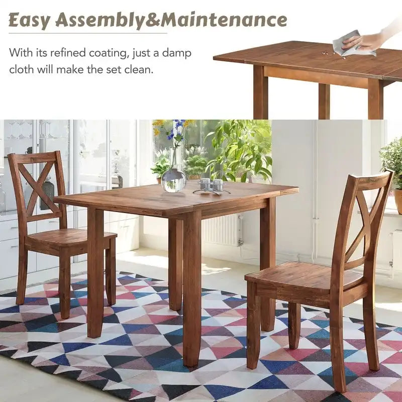 Ensemble de salle à manger 3 pièces avec table à rabats en bois et 2 chaises à dossier en X pour petits espaces