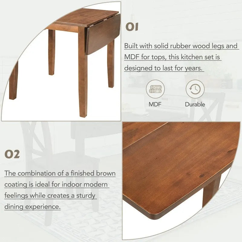 Ensemble de salle à manger 3 pièces avec table à rabats en bois et 2 chaises à dossier en X pour petits espaces