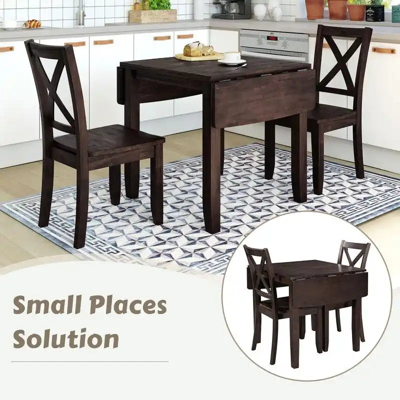Ensemble de salle à manger 3 pièces avec table à rabats en bois et 2 chaises à dossier en X pour petits espaces
