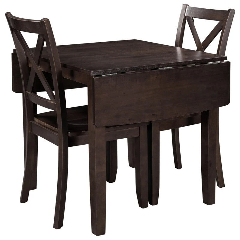 Ensemble de salle à manger 3 pièces avec table à rabats en bois et 2 chaises à dossier en X pour petits espaces
