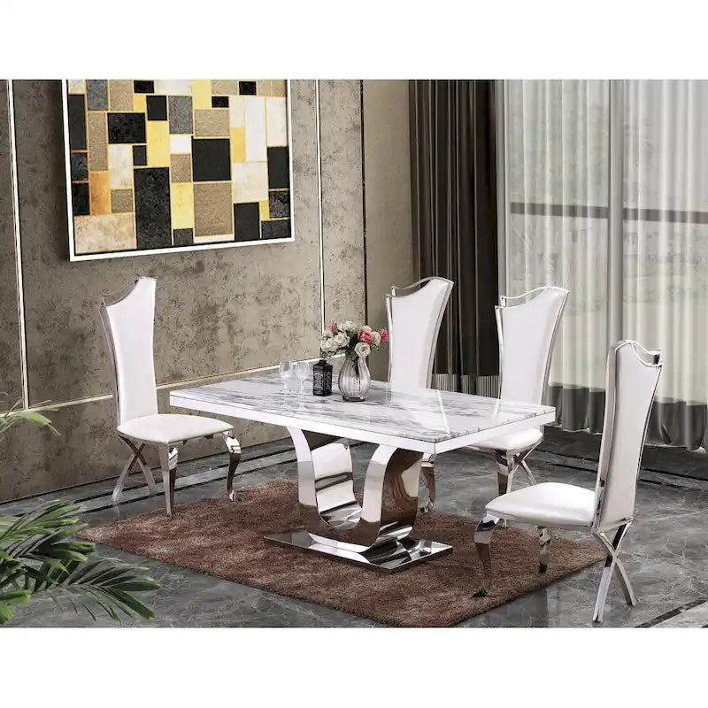 Ensemble de salle à manger 5 pièces en marbre véritable blanc Luxe, meubles de la meilleure qualité