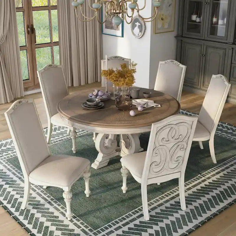 Ensemble de salle à manger rond 7 pièces rembourré en tissu blanc Caelum Farmhouse de The Gray Barn