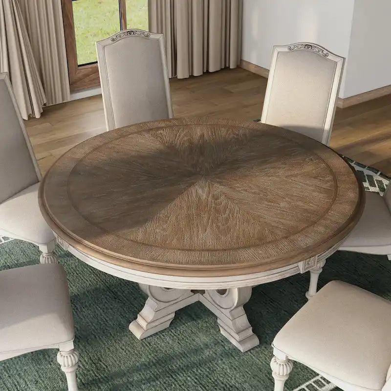 Ensemble de salle à manger rond 7 pièces rembourré en tissu blanc Caelum Farmhouse de The Gray Barn