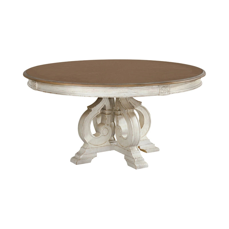 Ensemble de salle à manger rond 7 pièces rembourré en tissu blanc Caelum Farmhouse de The Gray Barn