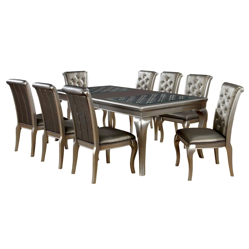 Ensemble de salle à manger Tily Glam Gold en similicuir capitonné 9 pièces avec rallonge par Furniture of America