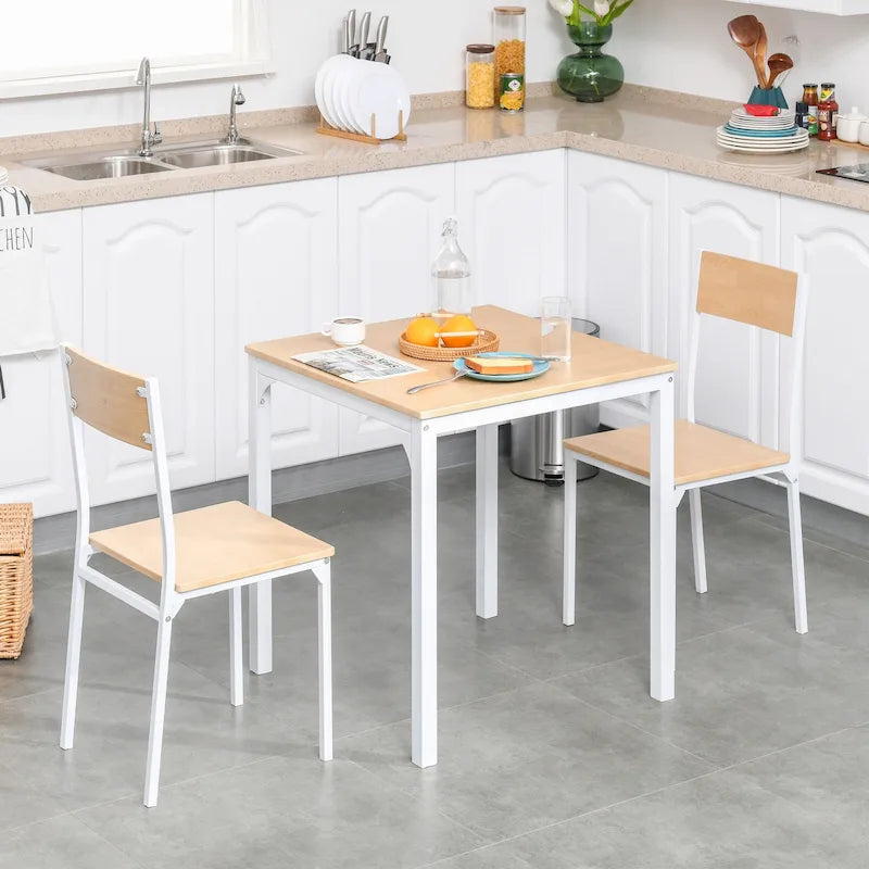HOMCOM Ensemble de 3 pièces en bois, table à manger carrée avec 1 table et 2 chaises et cadre en métal robuste, blanc
