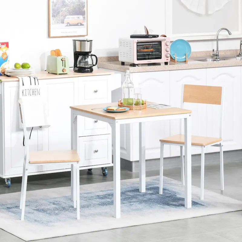 HOMCOM Ensemble de 3 pièces en bois, table à manger carrée avec 1 table et 2 chaises et cadre en métal robuste, blanc