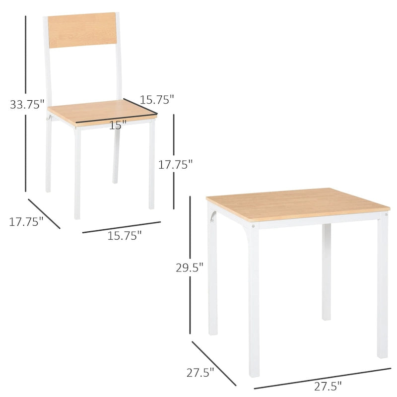 HOMCOM Ensemble de 3 pièces en bois, table à manger carrée avec 1 table et 2 chaises et cadre en métal robuste, blanc