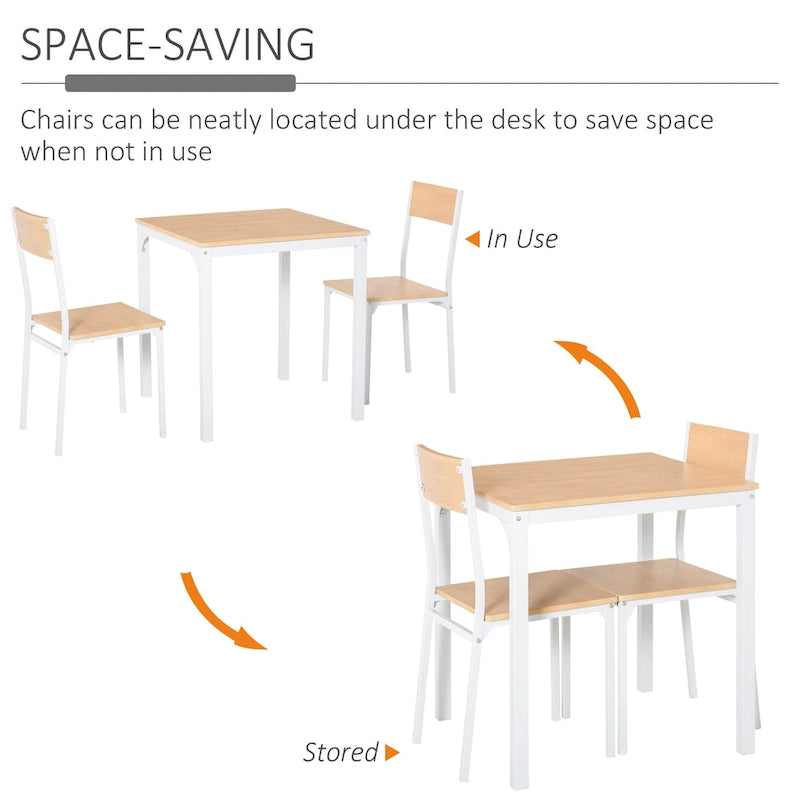 HOMCOM Ensemble de 3 pièces en bois, table à manger carrée avec 1 table et 2 chaises et cadre en métal robuste, blanc