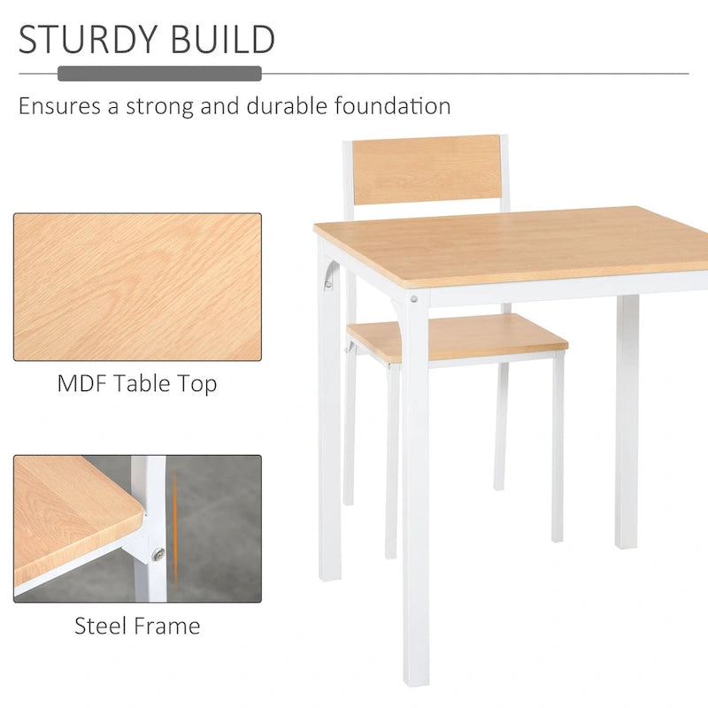 HOMCOM Ensemble de 3 pièces en bois, table à manger carrée avec 1 table et 2 chaises et cadre en métal robuste, blanc