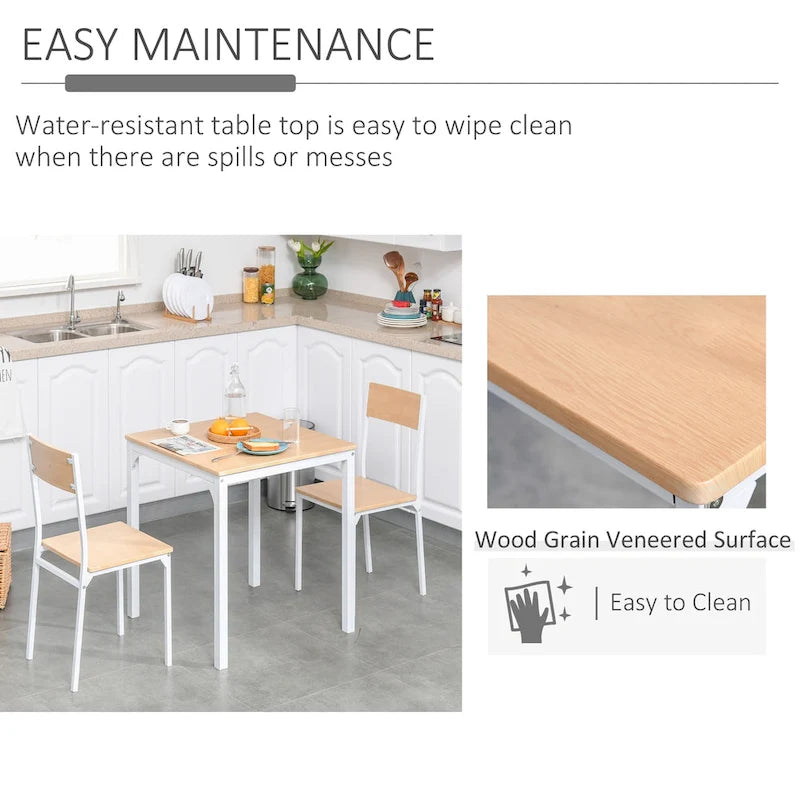 HOMCOM Ensemble de 3 pièces en bois, table à manger carrée avec 1 table et 2 chaises et cadre en métal robuste, blanc