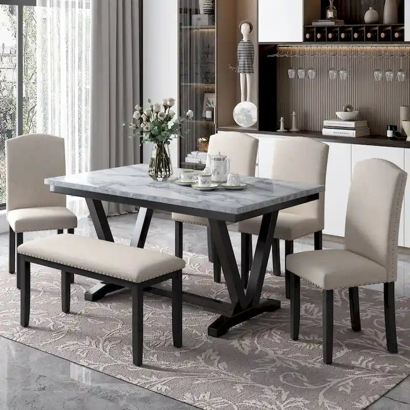 Ensemble de salle à manger 6 pièces avec table à plateau en placage marbré