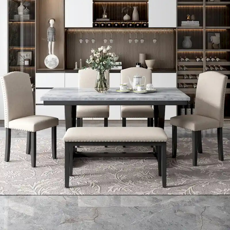 Ensemble de salle à manger 6 pièces avec table à plateau en placage marbré