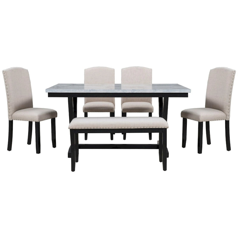 Ensemble de salle à manger 6 pièces avec table à plateau en placage marbré