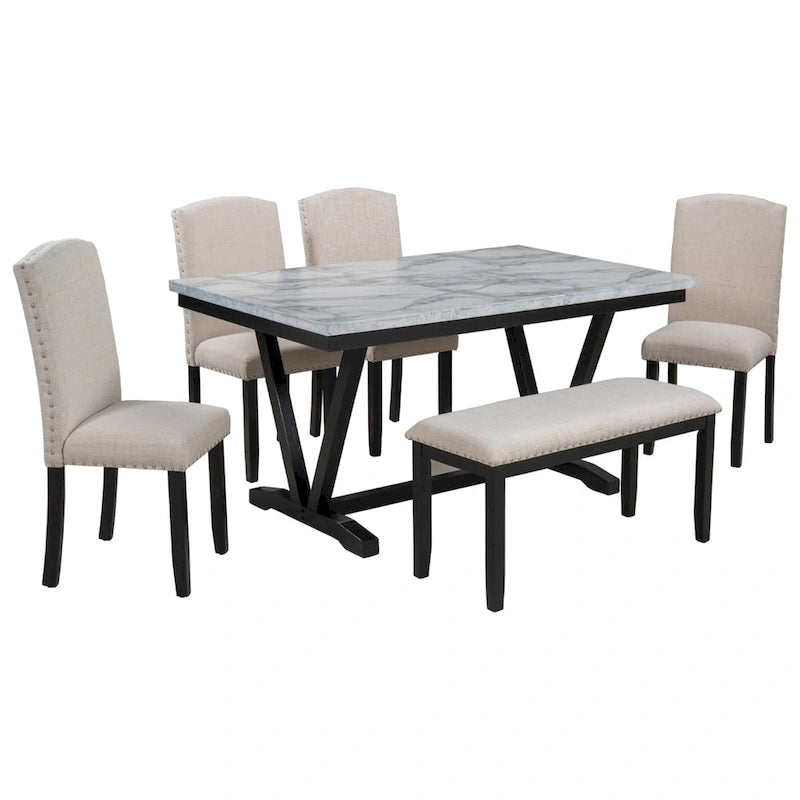 Ensemble de salle à manger 6 pièces avec table à plateau en placage marbré