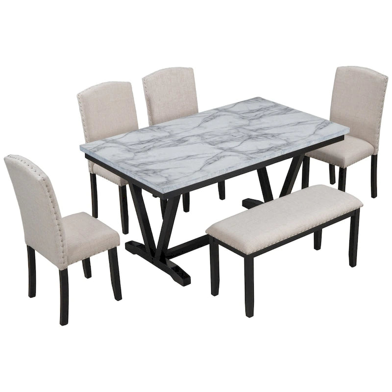 Ensemble de salle à manger 6 pièces avec table à plateau en placage marbré