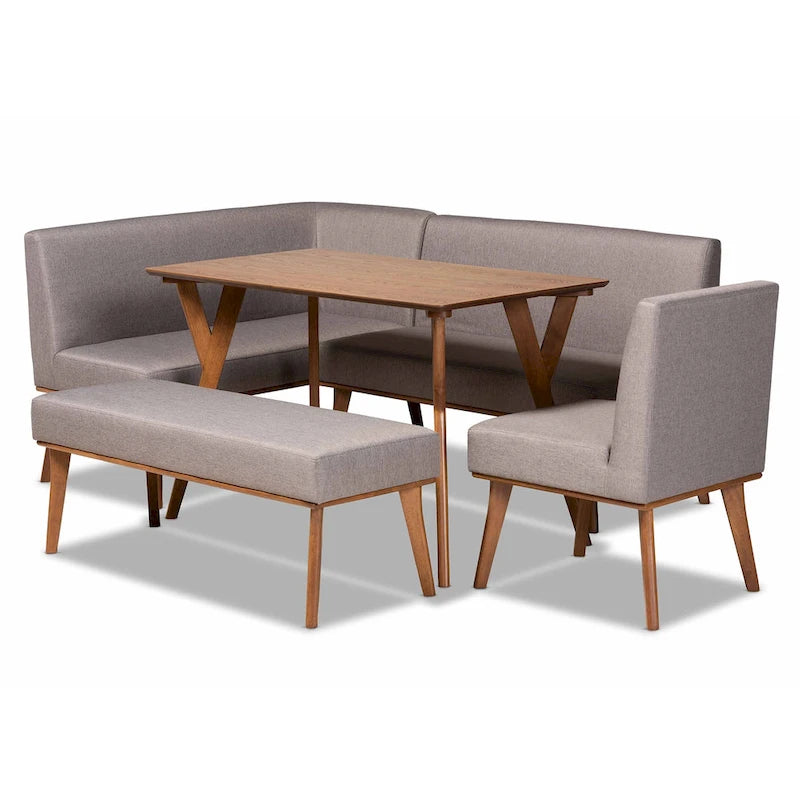 Ensemble de salle à manger 5 pièces en tissu gris et bois de noyer Odessa