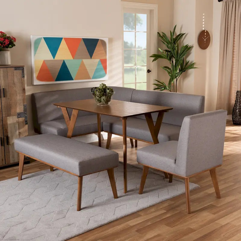 Ensemble de salle à manger 5 pièces en tissu gris et bois de noyer Odessa
