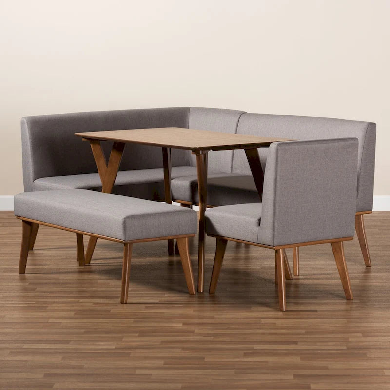 Ensemble de salle à manger 5 pièces en tissu gris et bois de noyer Odessa