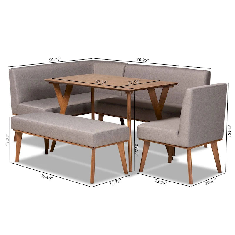 Ensemble de salle à manger 5 pièces en tissu gris et bois de noyer Odessa