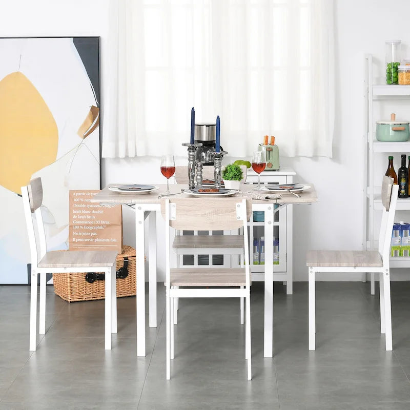 HOMCOM Ensemble de salle à manger moderne 5 pièces pour 4 personnes avec plateau rabattable, 4 chaises et structure métallique pour petits espaces, blanc