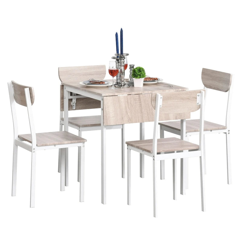 HOMCOM Ensemble de salle à manger moderne 5 pièces pour 4 personnes avec plateau rabattable, 4 chaises et structure métallique pour petits espaces, blanc