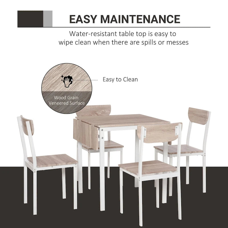 HOMCOM Ensemble de salle à manger moderne 5 pièces pour 4 personnes avec plateau rabattable, 4 chaises et structure métallique pour petits espaces, blanc