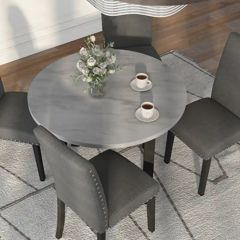 Ensemble de table à manger ronde 5 pièces Paulina en faux marbre gris contemporain par Furniture of America