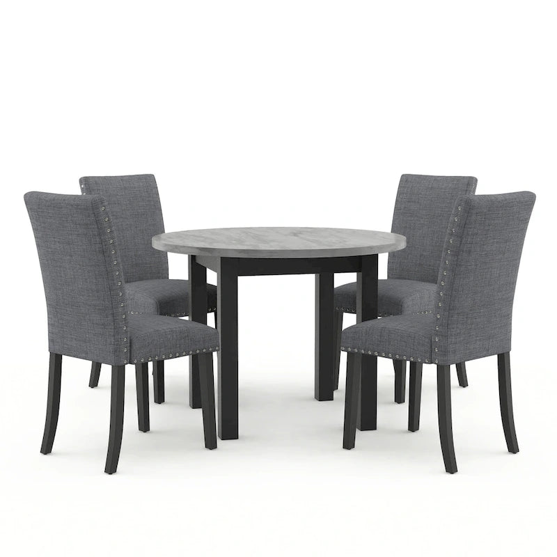 Ensemble de table à manger ronde 5 pièces Paulina en faux marbre gris contemporain par Furniture of America