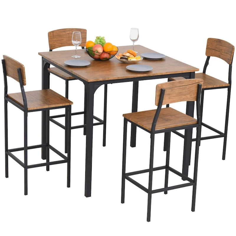 HOMCOM Ensemble de salle à manger 5 pièces moderne hauteur de comptoir, table de cuisine compacte et 4 chaises avec repose-pieds, pieds en métal, bois