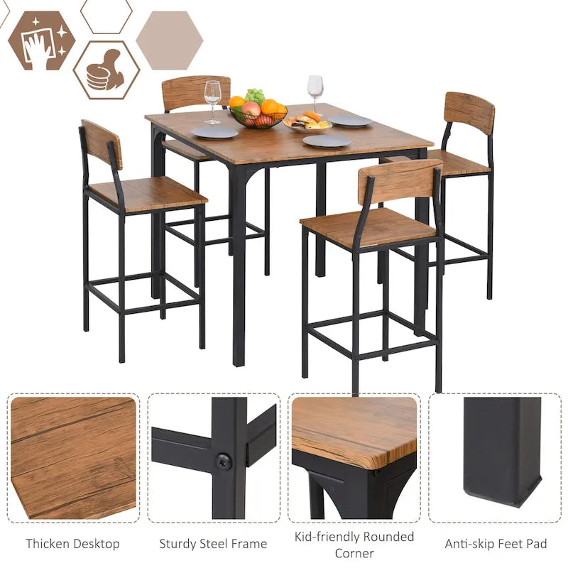 HOMCOM Ensemble de salle à manger 5 pièces moderne hauteur de comptoir, table de cuisine compacte et 4 chaises avec repose-pieds, pieds en métal, bois