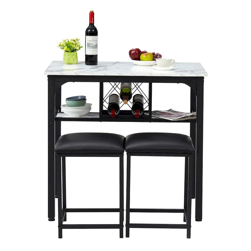 Ensemble de salle à manger 3 pièces, hauteur comptoir, table imitation marbre avec casier à vin, 2 chaises de cuisine