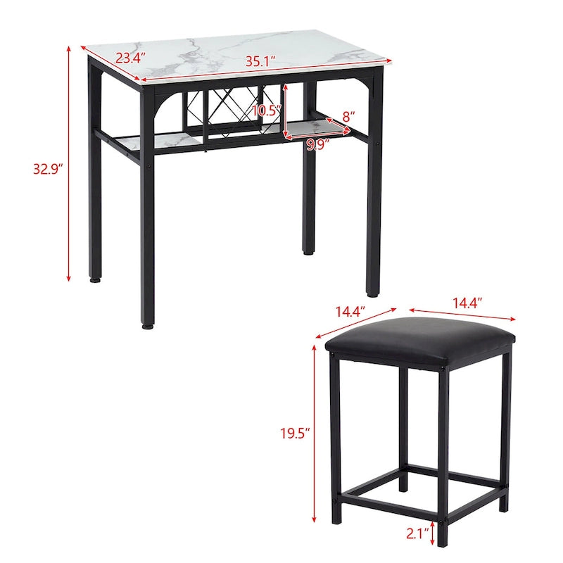 Ensemble de salle à manger 3 pièces, hauteur comptoir, table imitation marbre avec casier à vin, 2 chaises de cuisine