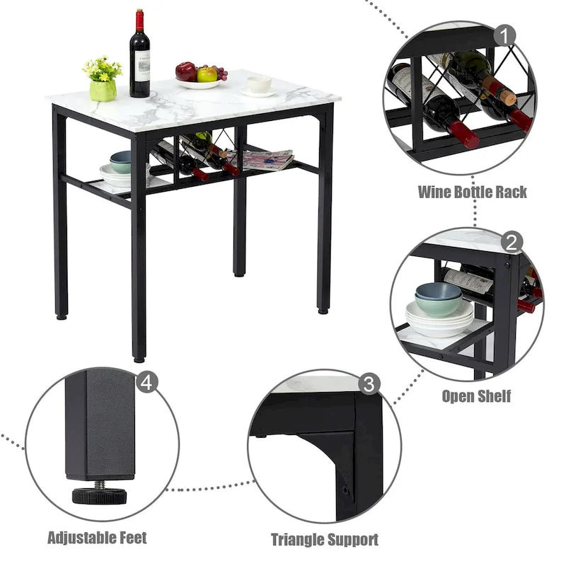 Ensemble de salle à manger 3 pièces, hauteur comptoir, table imitation marbre avec casier à vin, 2 chaises de cuisine