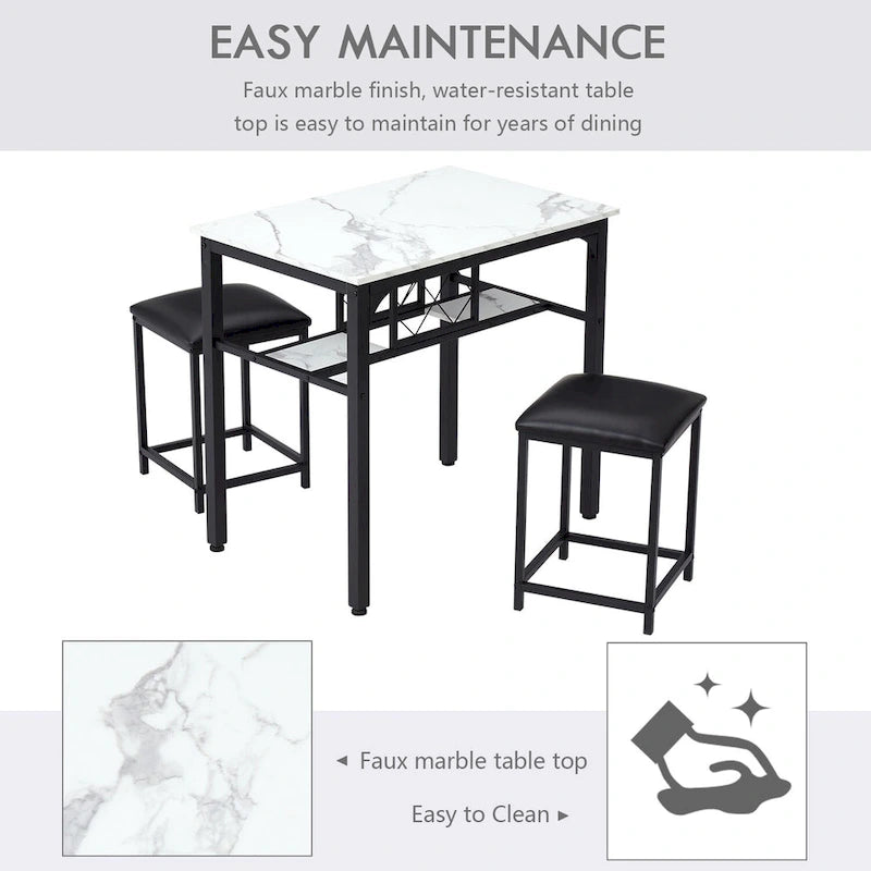 Ensemble de salle à manger 3 pièces, hauteur comptoir, table imitation marbre avec casier à vin, 2 chaises de cuisine