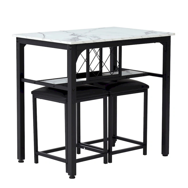 Ensemble de salle à manger 3 pièces, hauteur comptoir, table imitation marbre avec casier à vin, 2 chaises de cuisine