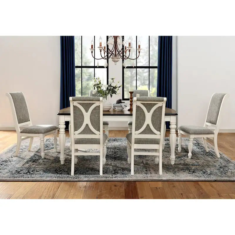 Ensemble de salle à manger 7 pièces Roundhill Furniture Belleza style campagne française, fini blanc antique et chêne patiné