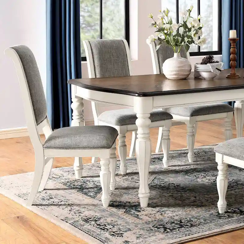 Ensemble de salle à manger 7 pièces Roundhill Furniture Belleza style campagne française, fini blanc antique et chêne patiné