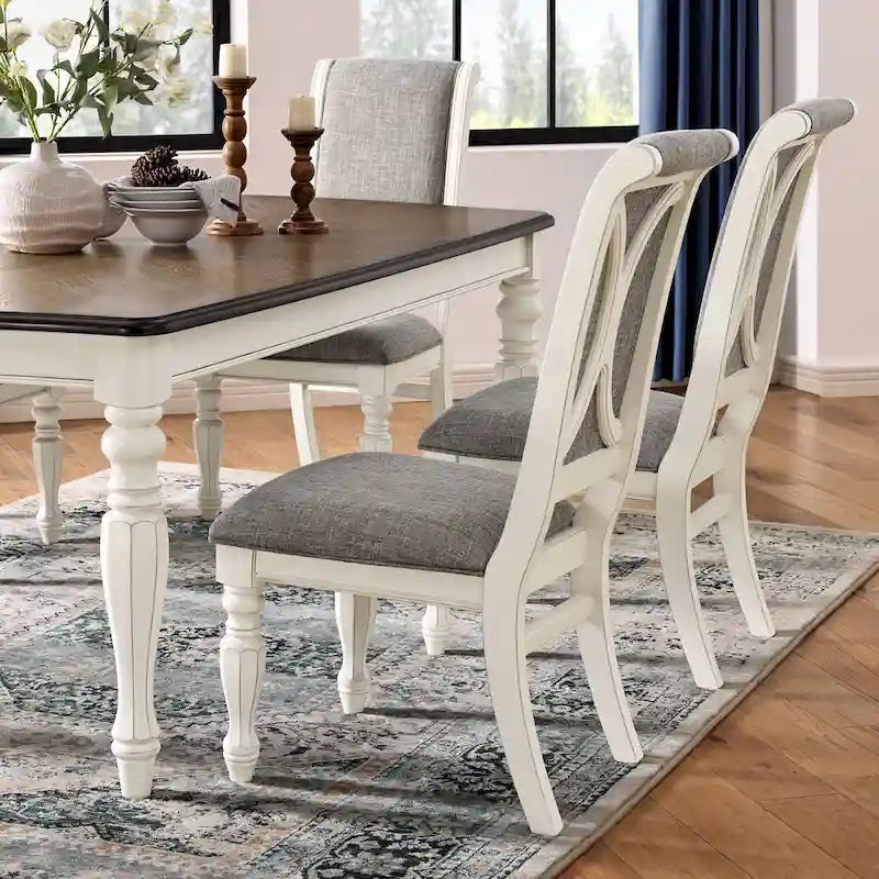 Ensemble de salle à manger 7 pièces Roundhill Furniture Belleza style campagne française, fini blanc antique et chêne patiné