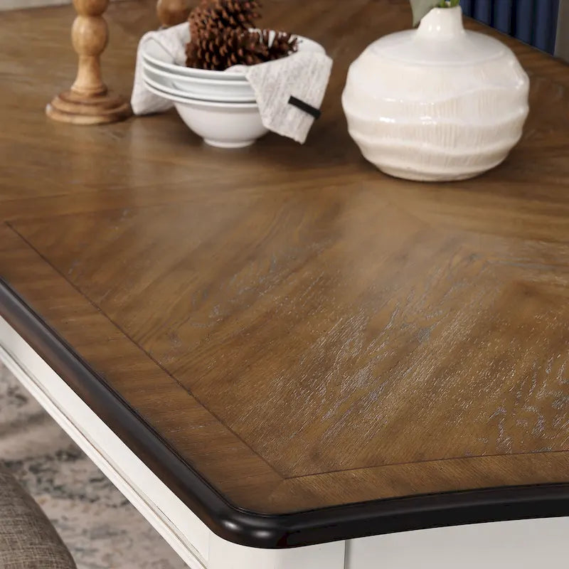 Ensemble de salle à manger 7 pièces Roundhill Furniture Belleza style campagne française, fini blanc antique et chêne patiné