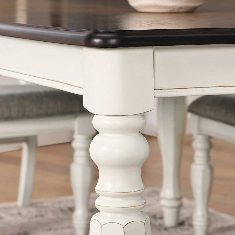 Ensemble de salle à manger 7 pièces Roundhill Furniture Belleza style campagne française, fini blanc antique et chêne patiné