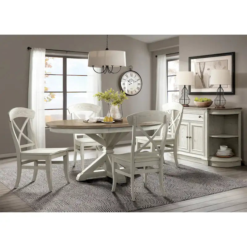 Roundhill Furniture Harola 7-Piece Dining Set, Round Pedestal Dining Table with 18 Leaf, 6 Side Chairs