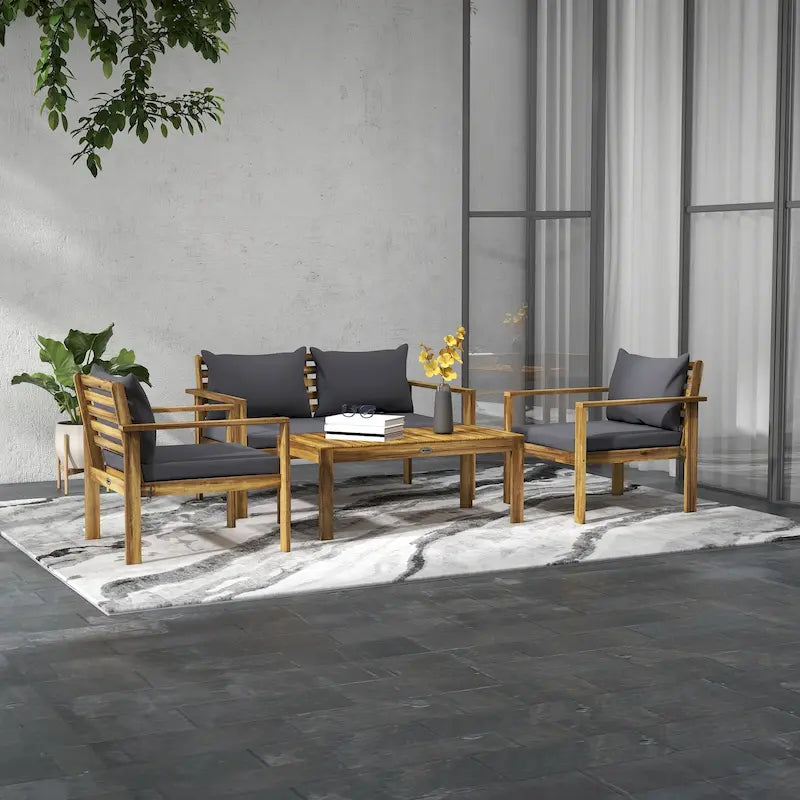 Ensemble de mobilier de patio 4 pièces Outsunny, mobilier d'extérieur en bois d'acacia avec coussins, table, canapé pour pelouse de jardin, bois naturel