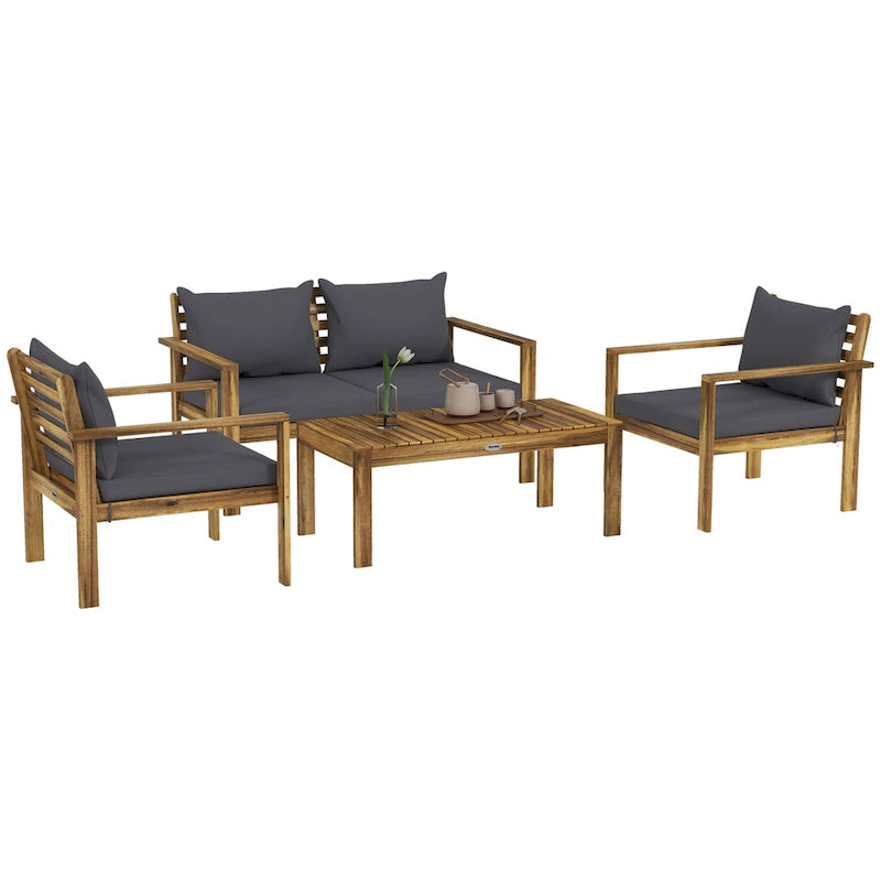 Ensemble de mobilier de patio 4 pièces Outsunny, mobilier d'extérieur en bois d'acacia avec coussins, table, canapé pour pelouse de jardin, bois naturel