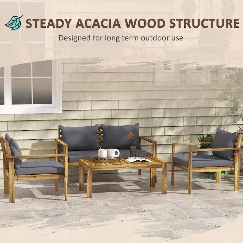 Ensemble de mobilier de patio 4 pièces Outsunny, mobilier d'extérieur en bois d'acacia avec coussins, table, canapé pour pelouse de jardin, bois naturel