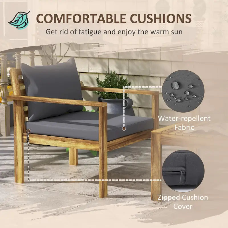 Ensemble de mobilier de patio 4 pièces Outsunny, mobilier d'extérieur en bois d'acacia avec coussins, table, canapé pour pelouse de jardin, bois naturel