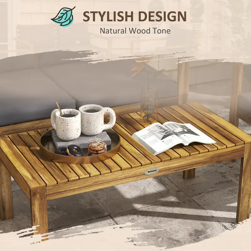 Ensemble de mobilier de patio 4 pièces Outsunny, mobilier d'extérieur en bois d'acacia avec coussins, table, canapé pour pelouse de jardin, bois naturel