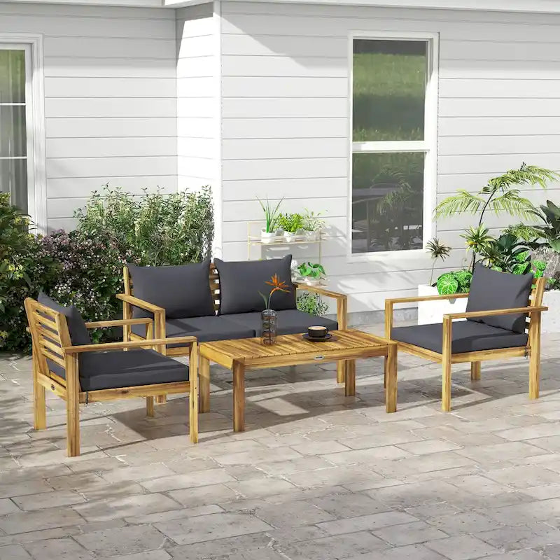 Ensemble de mobilier de patio 4 pièces Outsunny, mobilier d'extérieur en bois d'acacia avec coussins, table, canapé pour pelouse de jardin, bois naturel