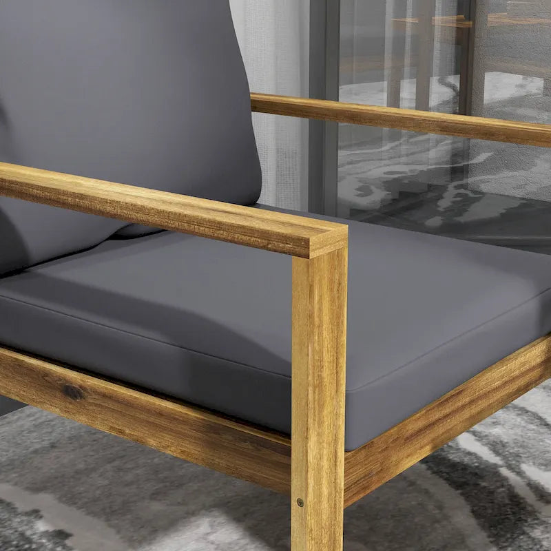 Ensemble de mobilier de patio 4 pièces Outsunny, mobilier d'extérieur en bois d'acacia avec coussins, table, canapé pour pelouse de jardin, bois naturel