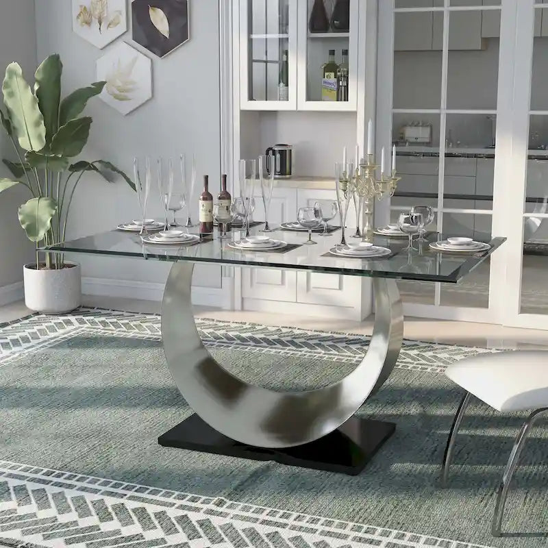 Ensemble de salle à manger 7 pièces avec piédestal en U en acier noir moderne Heer par Furniture of America